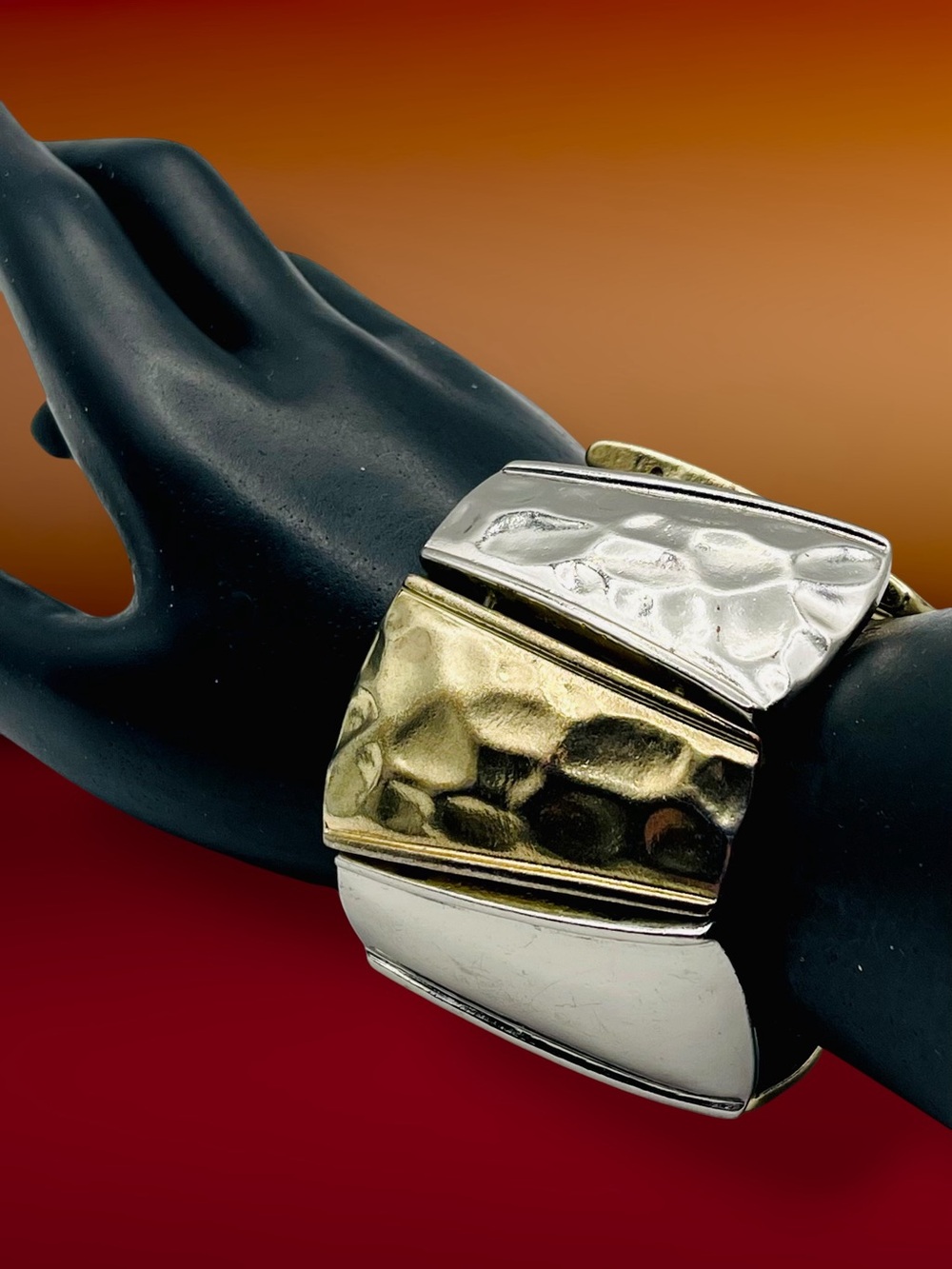 Bold Vintage Gold and Silver Hammered Chunky Statement Stretch Bracelet